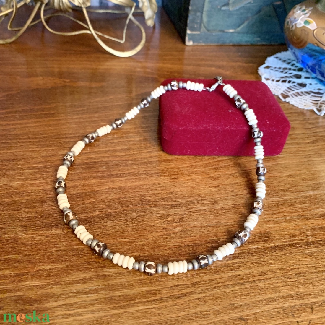 Vintage Férfi nyaklánc 42+5cm, csont fa fém nyaklánc férfiaknak, retro férfi ékszer - ékszer - nyaklánc - medál nélküli nyaklánc - Meska.hu