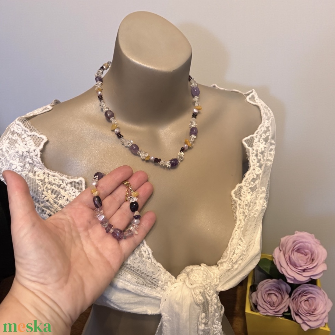 Multikolor ametiszt drágakő nyaklánc és karkötő szett, vintage drágakő-keverék nyaklánc, ásványékszer, drágakőékszer - ékszer - ékszerszett - Meska.hu