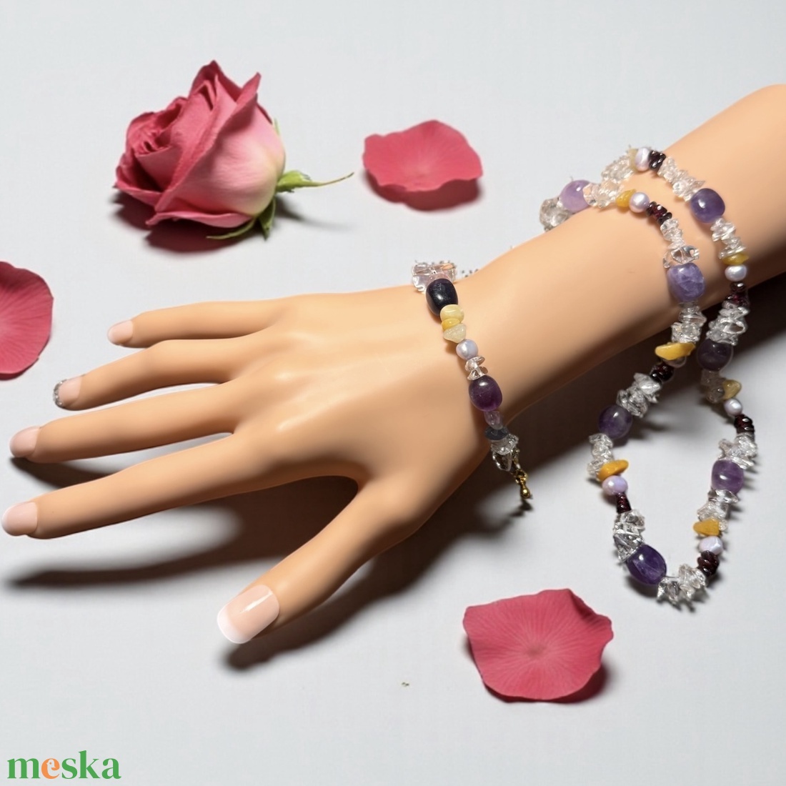 Multikolor ametiszt drágakő nyaklánc és karkötő szett, vintage drágakő-keverék nyaklánc, ásványékszer, drágakőékszer - ékszer - ékszerszett - Meska.hu