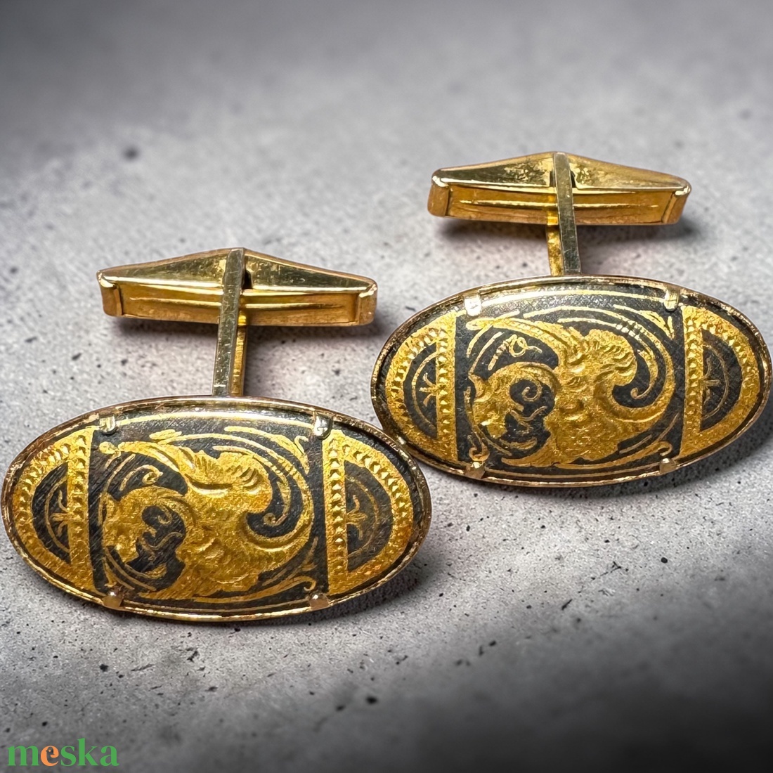 24 karát aranyozott Damascene mandzsettagomb, damasztén toledói mandzsetta, Toledó spanyol ékszer - esküvő - ékszer - mandzsettagomb & nyakkendőtű - Meska.hu