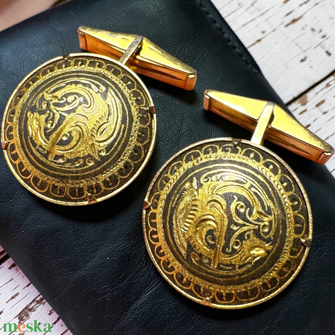 24 karát aranyozott Damascene mandzsettagomb, damasztén toledói mandzsetta, Toledó spanyol ékszer - esküvő - ékszer - mandzsettagomb & nyakkendőtű - Meska.hu
