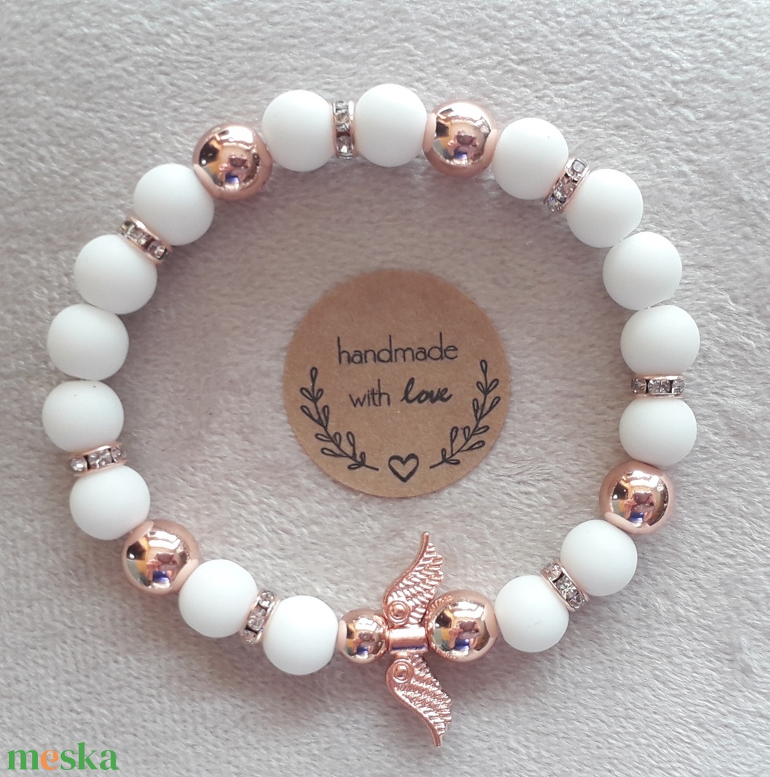 Hematit - Ónix ásványkarkötő rose gold angyallal - ékszer - karkötő - charm karkötő - Meska.hu