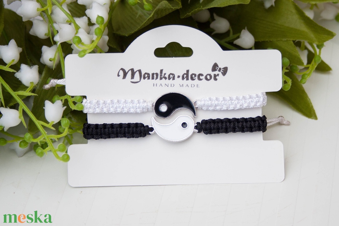 Páros karkötő pároknak, barátoknak, fonott makramé karkötő - Jin yang fekete/fehér - ékszer - karkötő - fonott karkötő - Meska.hu