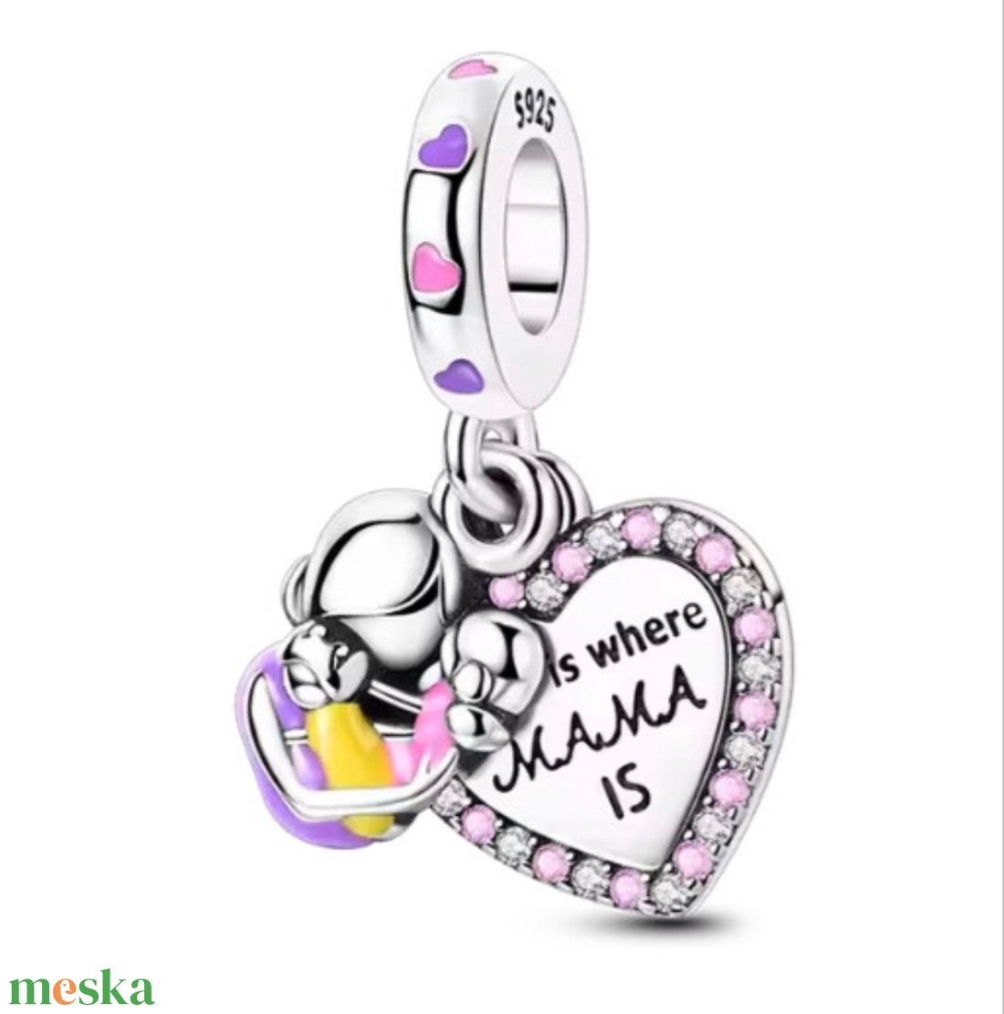 Ezüst függő charm � szív medállal, anya, mama - ékszer - karkötő - charm karkötő - Meska.hu