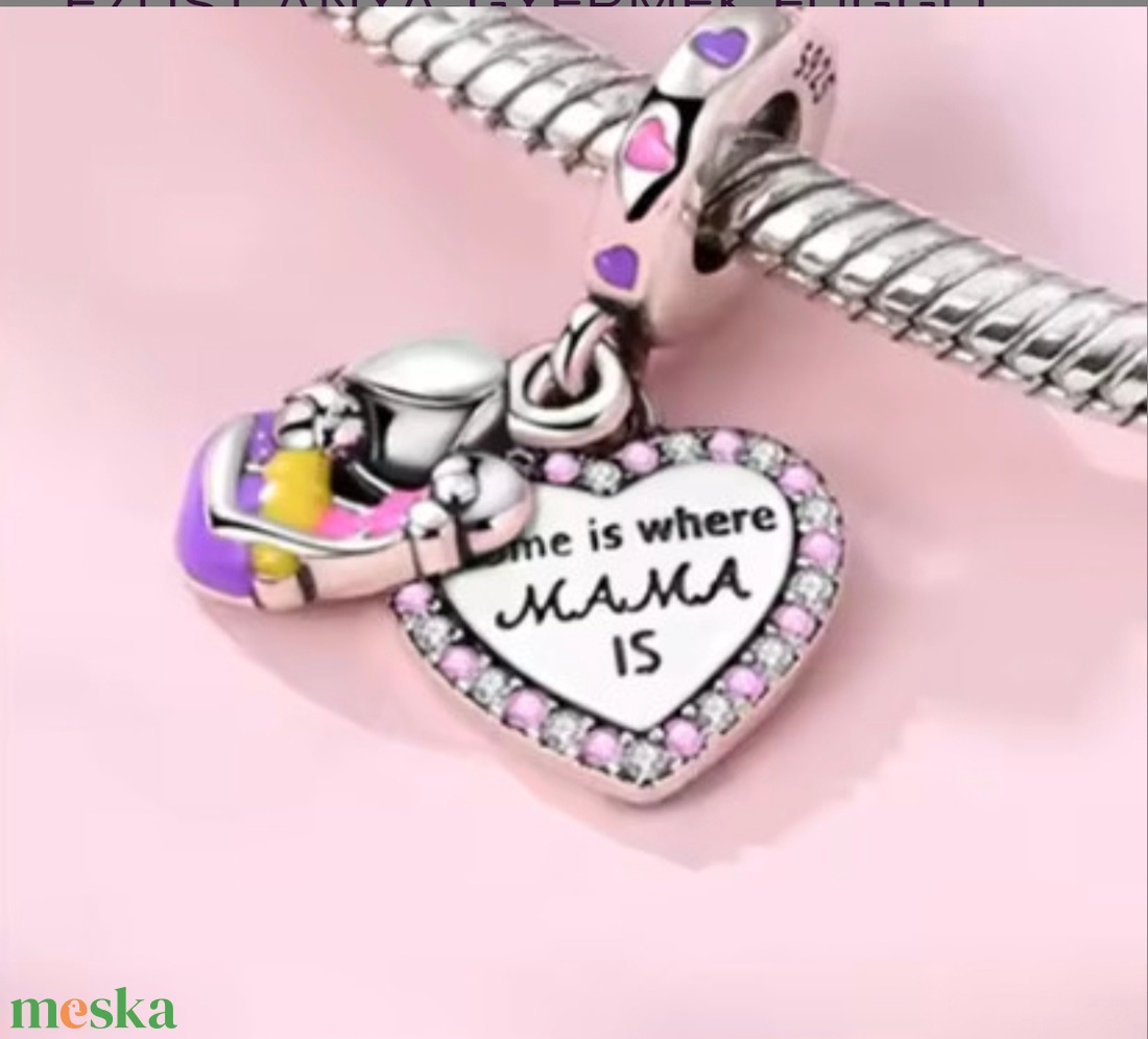 Ezüst függő charm � szív medállal, anya, mama - ékszer - karkötő - charm karkötő - Meska.hu