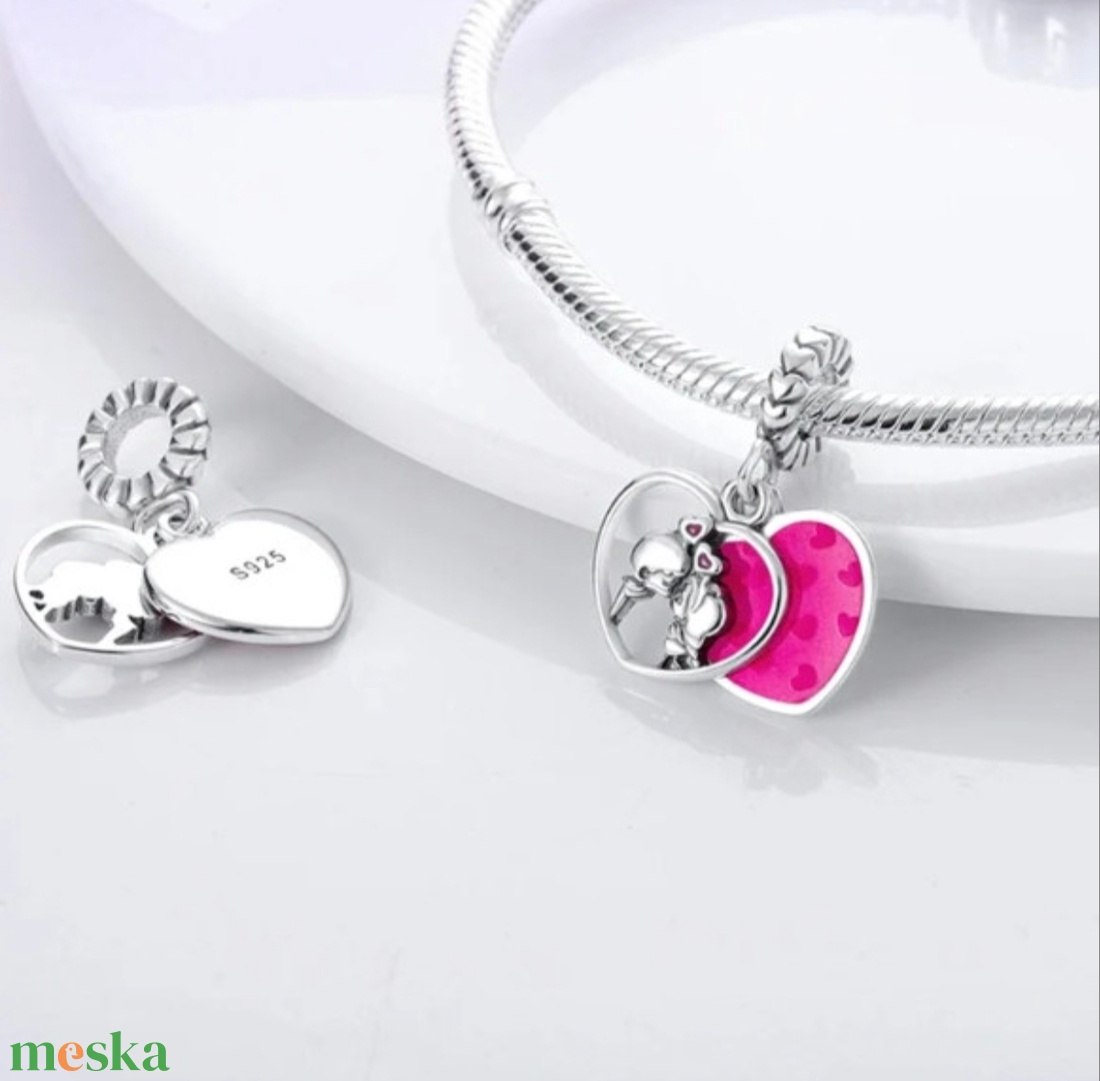 Ezüst szerelmes pár szív függő charm - ékszer - karkötő - charm karkötő - Meska.hu