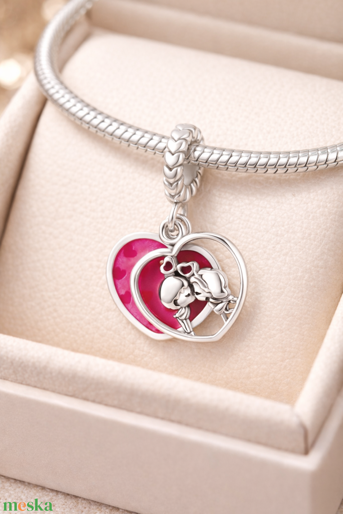 Ezüst szerelmes pár szív függő charm - ékszer - karkötő - charm karkötő - Meska.hu