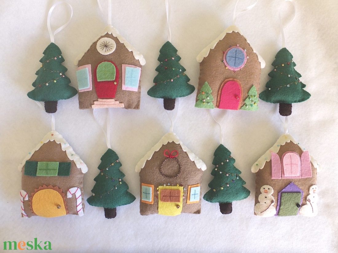 10 darabos téli házikó és fenyőfa dísz - otthon & életmód - dekoráció - fali és függő dekoráció - függődísz - Meska.hu