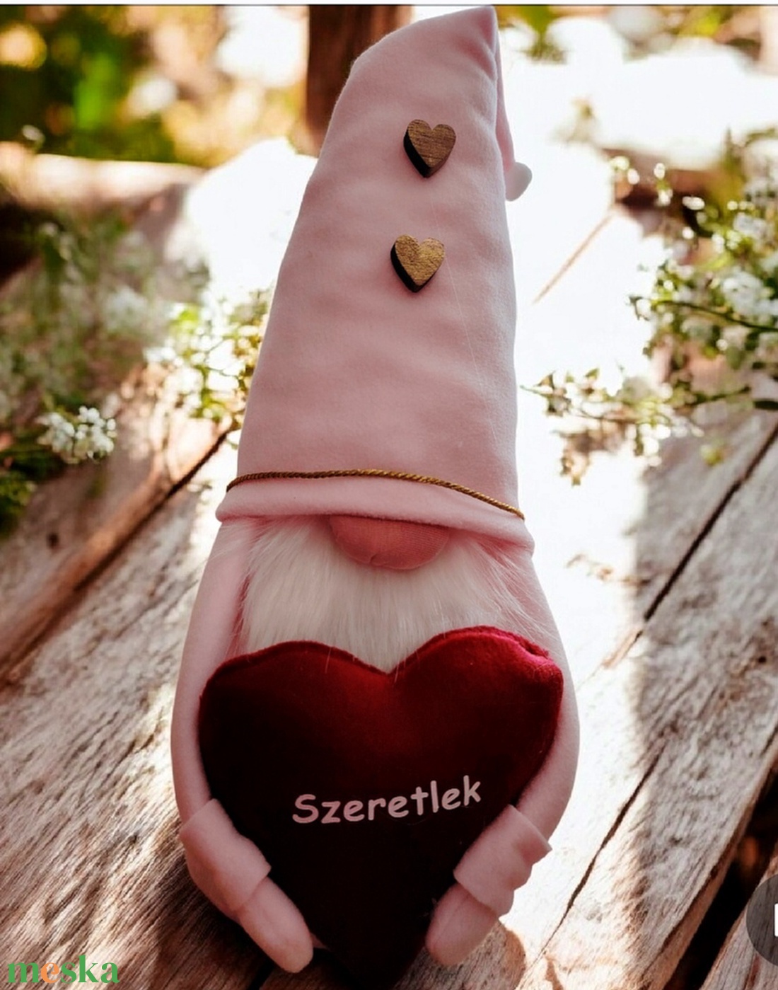 Valentin-napi manó � rózsaszín, bordó szívvel, fehér Szeretlek felirattal � 45 cm - otthon & életmód - dekoráció - manók - Meska.hu