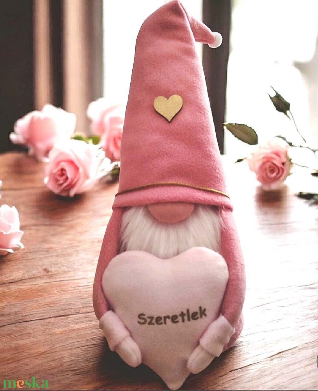 Valentin-napi manó � rózsaszín, bordó szívvel, fehér Szeretlek felirattal � 45 cm - otthon & életmód - dekoráció - manók - Meska.hu