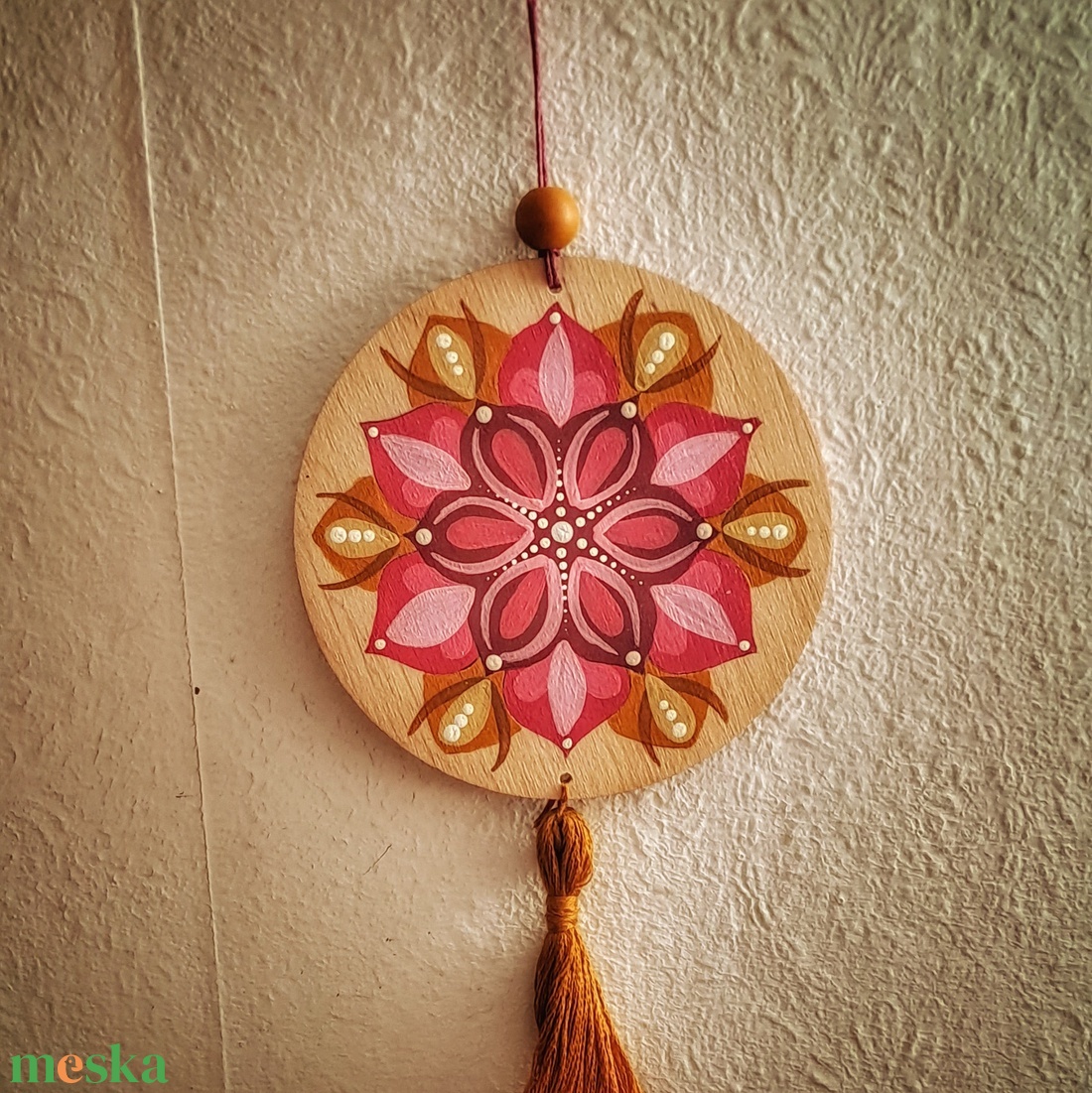 Mandala függő  10 cm átmérőjű dísz  rózsaszín-sárga - otthon & lakás - dekoráció - fali és függő dekoráció - falra akasztható dekor - Meska.hu