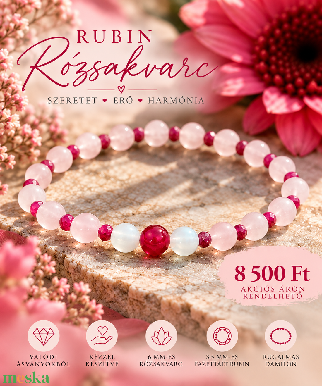 Rubin és rózsakvarc � kézzel készített, fémmentes ásványkarkötő - ékszer - karkötő - ásványkarkötő - Meska.hu