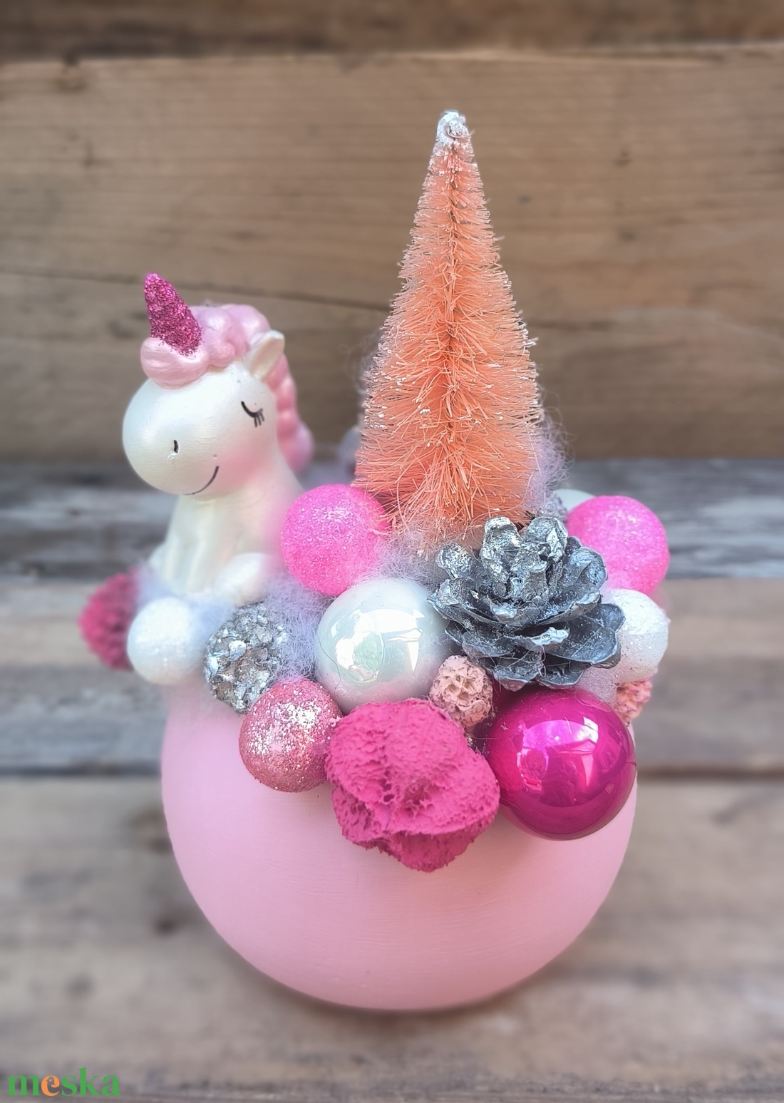 Unikornis fenyővel  rózsaszín - karácsony - adventi díszek - adventi asztaldísz - Meska.hu