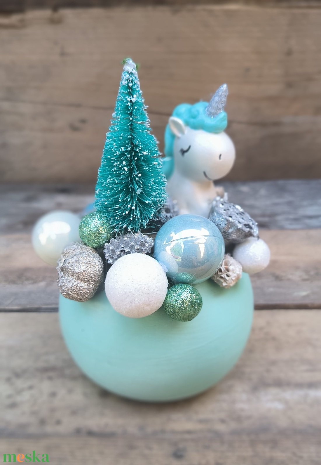 Unikornis fenyővel  türkiz - karácsony - adventi díszek - adventi asztaldísz - Meska.hu