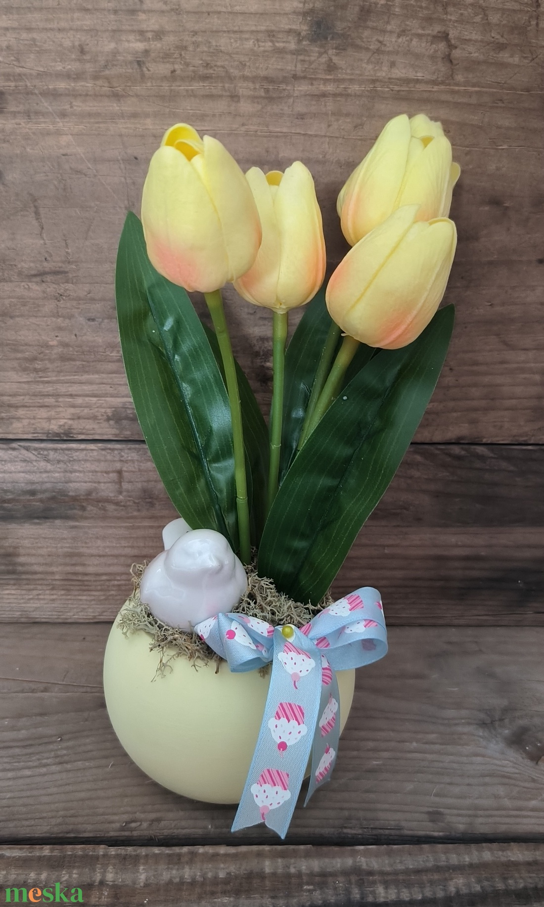 Madárkás tavaszi dísz � sárga - otthon & életmód - virágdekoráció - virágdíszek - virágdísz kaspóban - Meska.hu