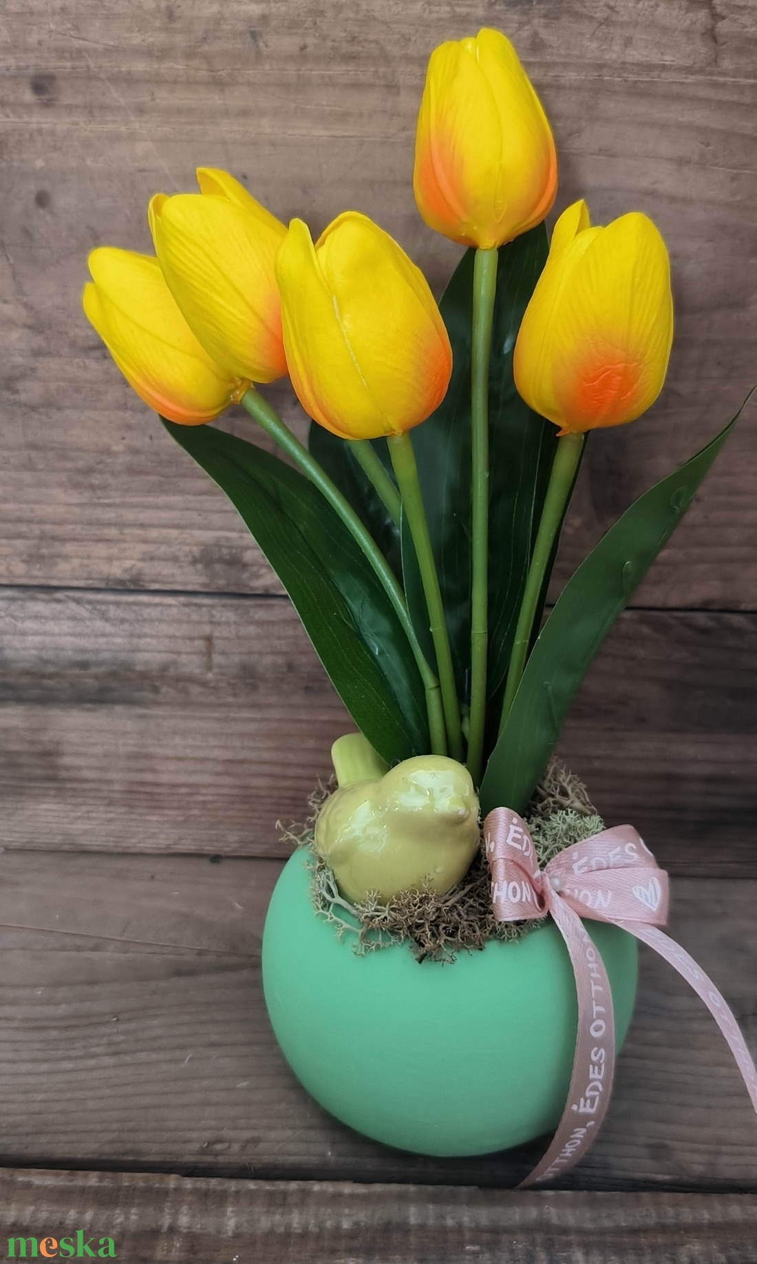 Madárkás tavaszi dísz � zöld - otthon & életmód - virágdekoráció - virágdíszek - virágdísz kaspóban - Meska.hu