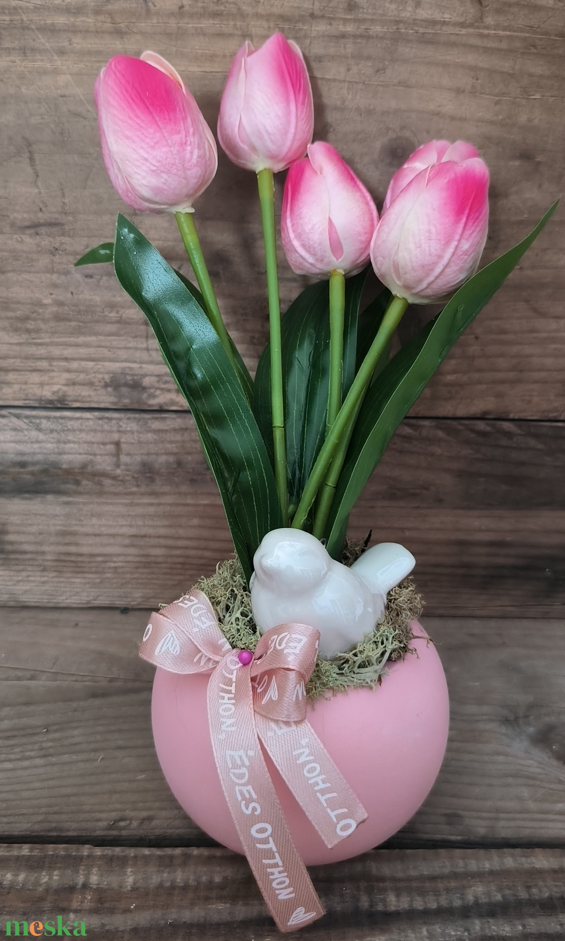 Madárkás tavaszi dísz � rózsaszín - otthon & életmód - virágdekoráció - virágdíszek - virágdísz kaspóban - Meska.hu