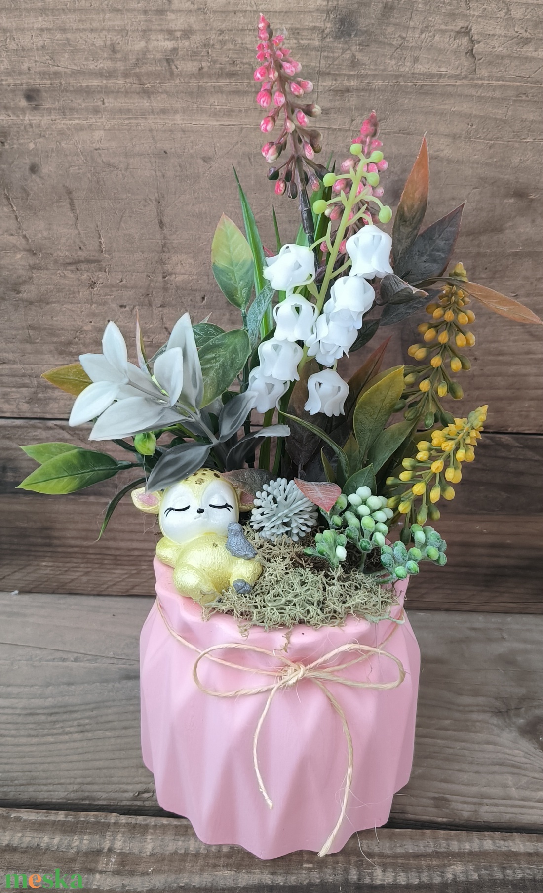 Tavaszváró őzikés dísz, rózsaszín kaspó - esküvő - dekoráció - asztaldísz - Meska.hu