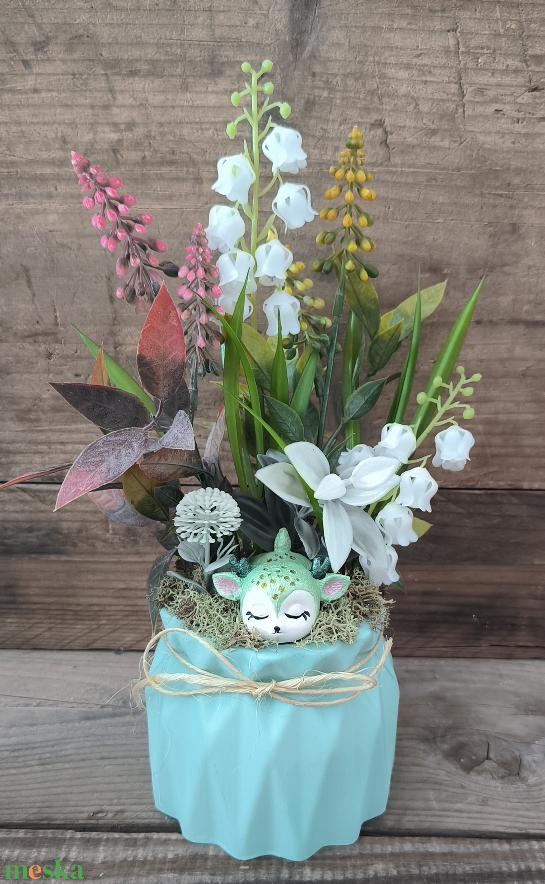 Tavaszváró őzikés dísz, türkiz kaspó - esküvő - dekoráció - asztaldísz - Meska.hu
