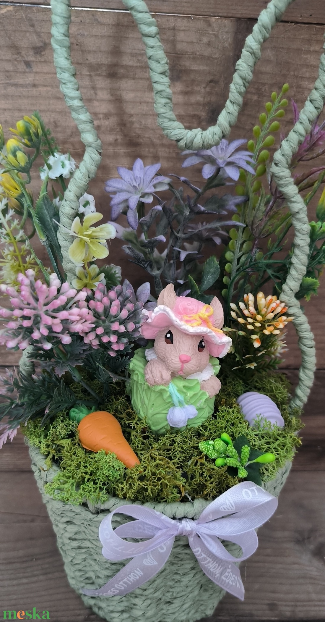 Tavaszi nyuszis kosár - szürke - otthon & életmód - dekoráció - húsvéti asztaldíszek - Meska.hu