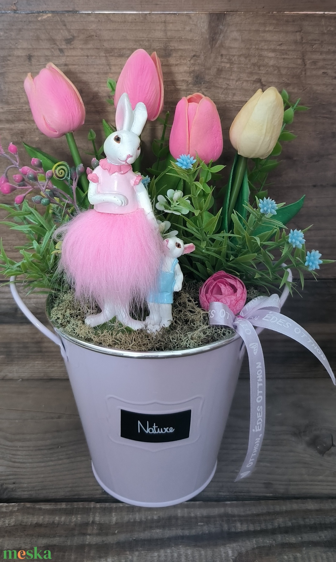 Nyuszimama kisfiával - vödrös dísz - otthon & életmód - dekoráció - asztal és polc dekoráció - asztaldísz - Meska.hu