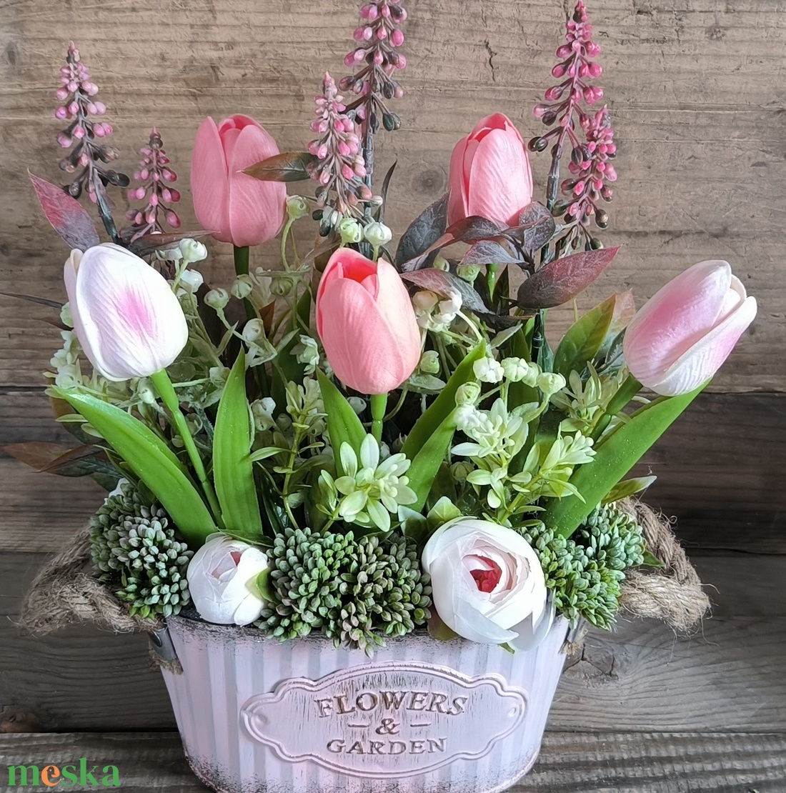  Tavaszi dekoráció bádog kaspóban - otthon & életmód - dekoráció - asztal és polc dekoráció - asztaldísz - Meska.hu