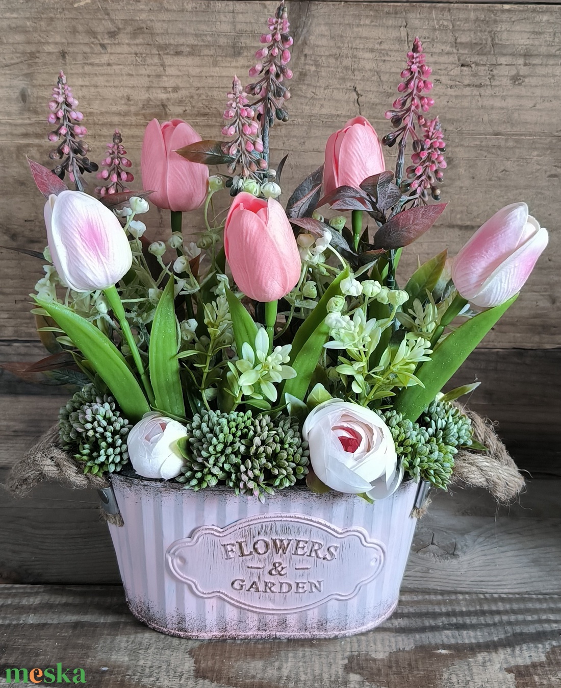  Tavaszi dekoráció bádog kaspóban - otthon & életmód - dekoráció - asztal és polc dekoráció - asztaldísz - Meska.hu