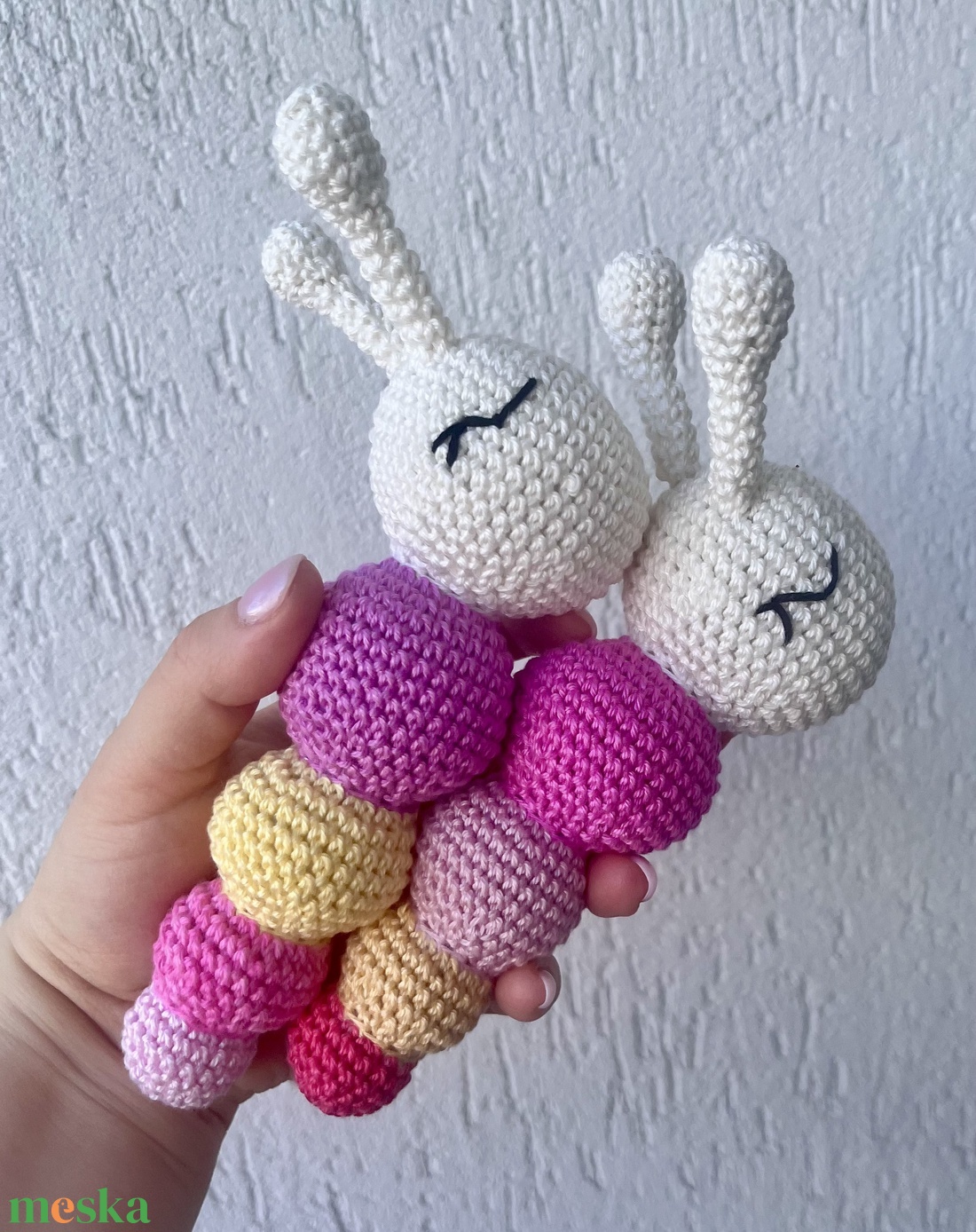 Horgolt színes hernyó csörgő - baba - mama - baba játékok - csörgő - Meska.hu