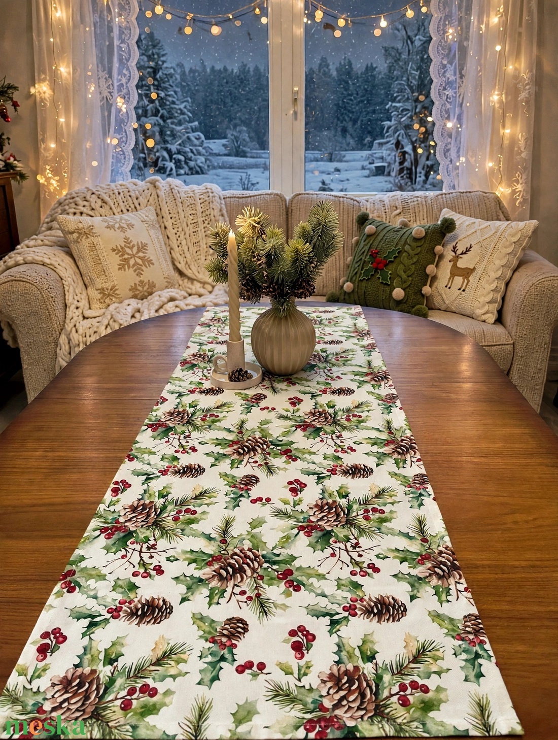 Karácsonyi tobozos magyalos asztali futó 135x45 cm - natúr erdei mintás - karácsony - karácsonyi lakásdekoráció - ünnepi asztaldekoráció - Meska.hu