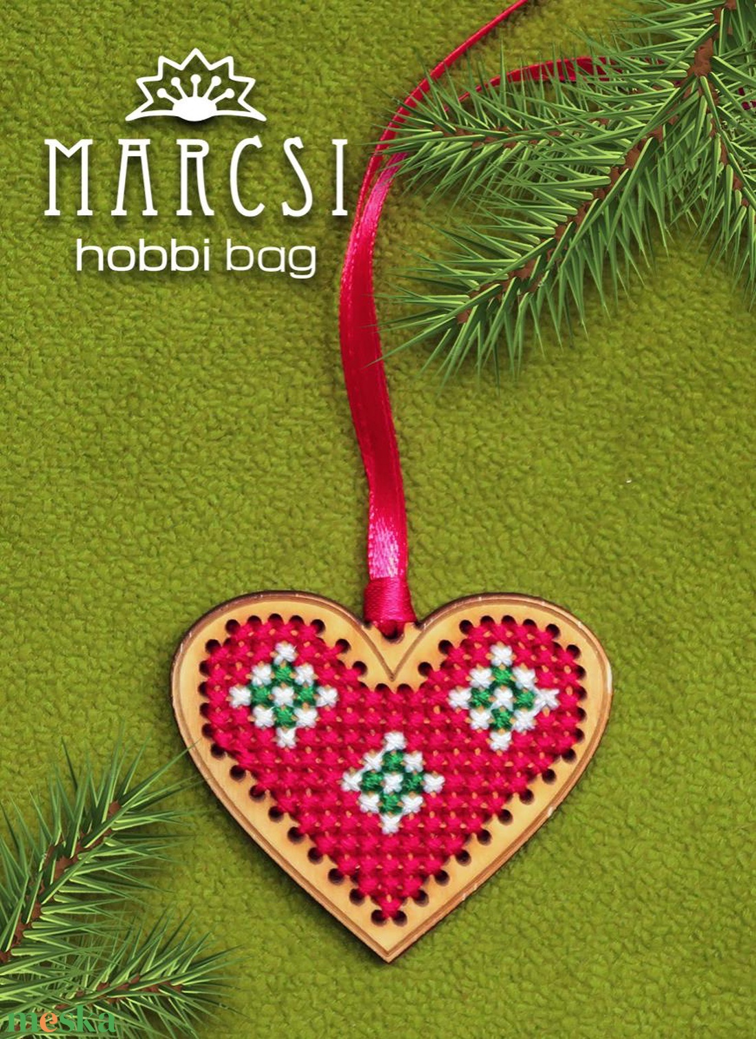 Karácsonyfa dísz, karácsony, advent, kézzel hímzett egyedi szív - karácsony - karácsonyi lakásdekoráció - karácsonyfadíszek - Meska.hu