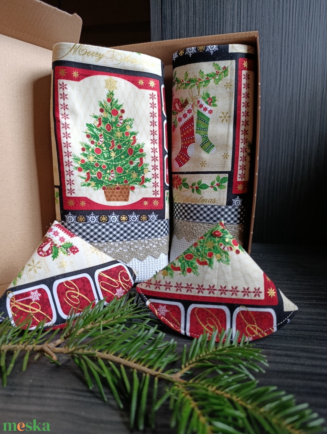 Karácsonyi textil fedő fogó és konyha ruha szett - otthon & életmód - konyhafelszerelés, tálalás - konyhai textil - konyharuha & törlőkendő - Meska.hu