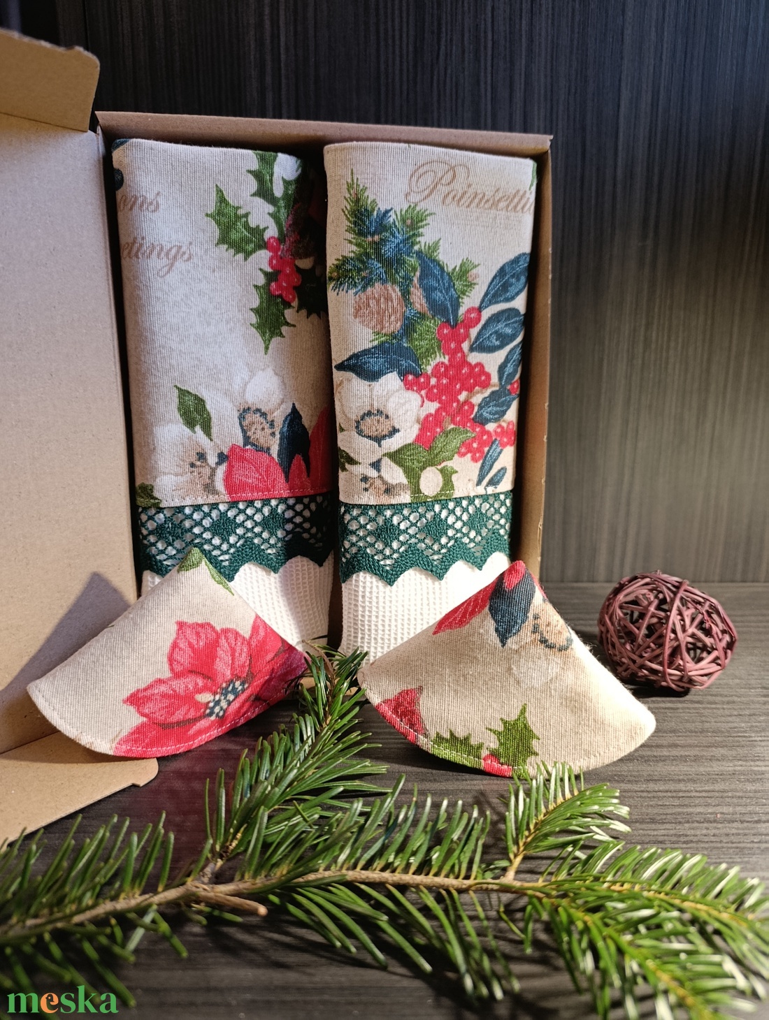 Karácsonyi textil fedő fogó és konyha ruha szett - otthon & életmód - konyhafelszerelés, tálalás - konyhai textil - konyharuha & törlőkendő - Meska.hu