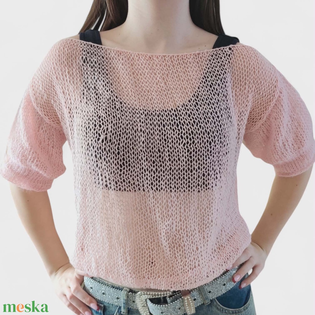 Kézzel kötött kasmír pulóver � púderrózsaszín, áttetsző, nőies fazonú elegáns női pulóver XS méret - ruha & divat - női ruha - pulóver - Meska.hu