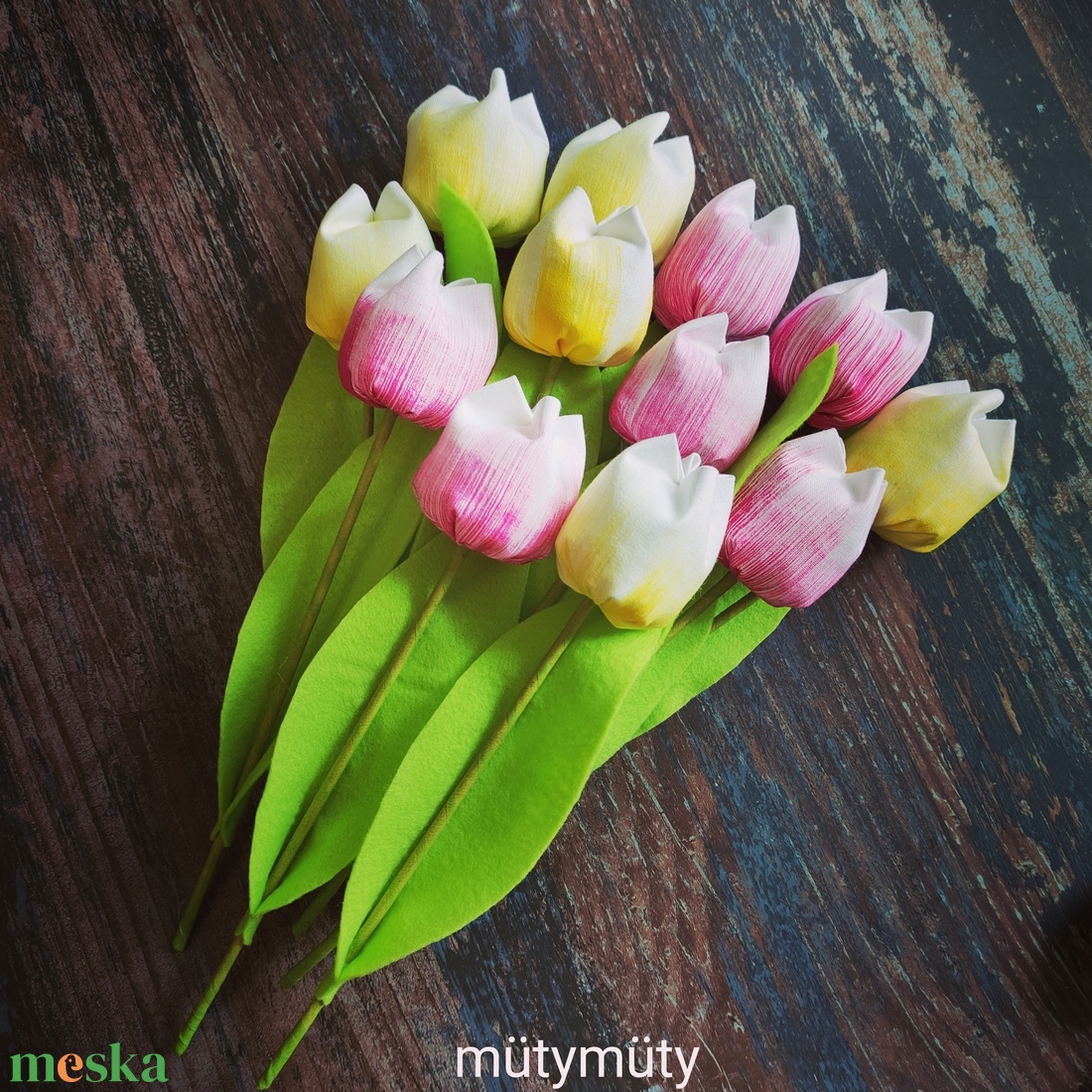 Festett textil tulipánok (12 szál/cs, fehér-sárga/pink) örökcsokor - otthon & lakás - dekoráció - virágdísz és tartó - csokor & virágdísz - Meska.hu