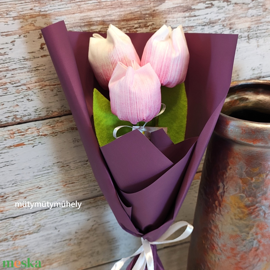 Festett textil tulipán csokor, 3 szál/cs, örökcsokor, többféles szín - otthon & életmód - dekoráció - virágdísz és tartó - csokor & virágdísz - Meska.hu