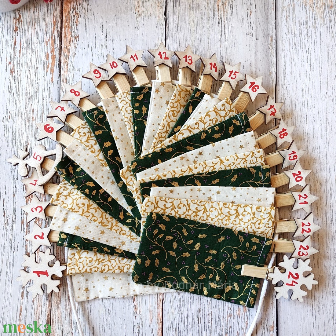 Adventi naptár, krém-zöld-arany, többféle - karácsony - adventi díszek - adventi naptár - Meska.hu