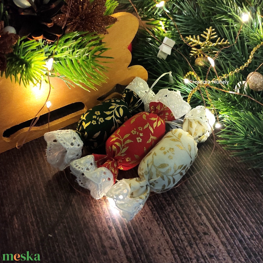 Textil szaloncukor, krém-piros-zöld - többféle 6 db/cs - karácsony - karácsonyi lakásdekoráció - karácsonyfadíszek - Meska.hu