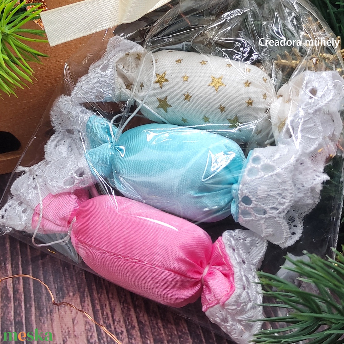 Textil szaloncukor ajándékcsomag, rózsaszín-menta - karácsony - karácsonyi lakásdekoráció - karácsonyfadíszek - Meska.hu