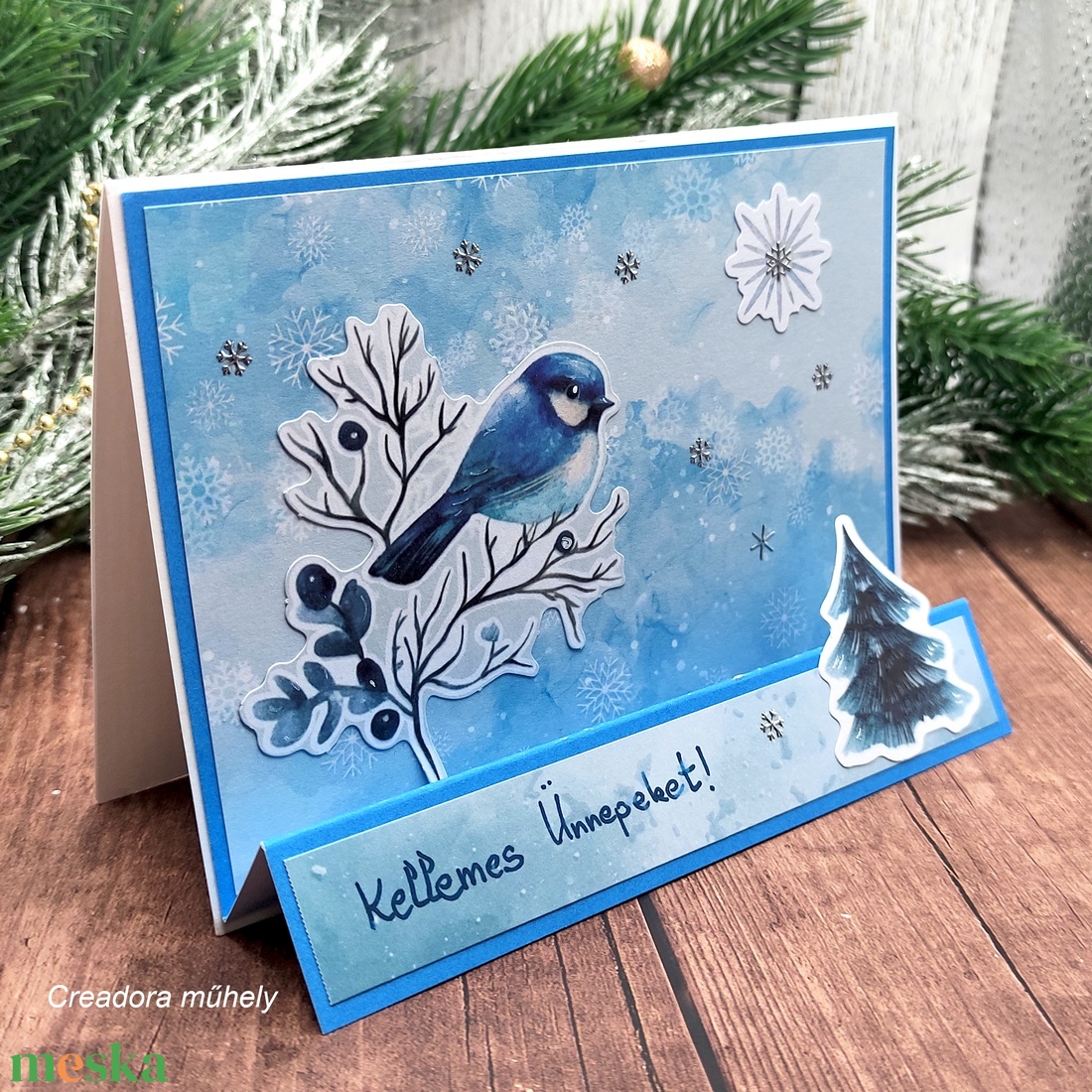 Karácsonyi képeslap kékcinkés - karácsony - karácsonyi ajándékozás - karácsonyi képeslap, üdvözlőlap, ajándékkísérő - Meska.hu
