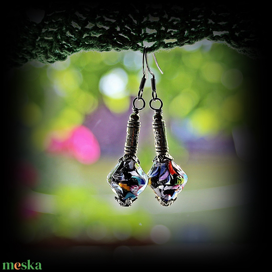 Murano - mozaikos lámpagyöngy fülbevaló, MURÁNÓI ÜVEG fülbevaló, elegáns üveggyöngy fülbevaló - ékszer - fülbevaló - lógó fülbevaló - Meska.hu