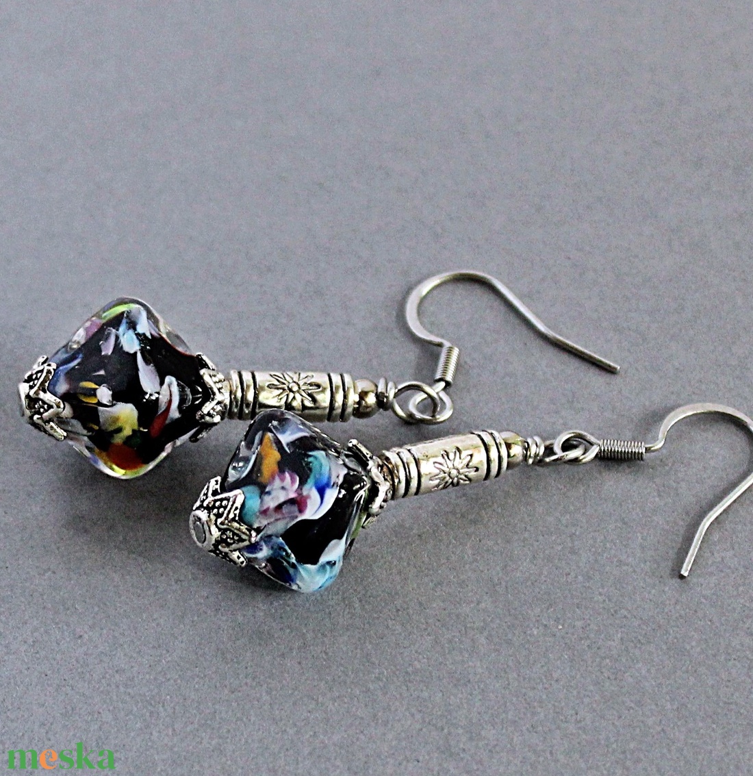 Murano - mozaikos lámpagyöngy fülbevaló, MURÁNÓI ÜVEG fülbevaló, elegáns üveggyöngy fülbevaló - ékszer - fülbevaló - lógó fülbevaló - Meska.hu