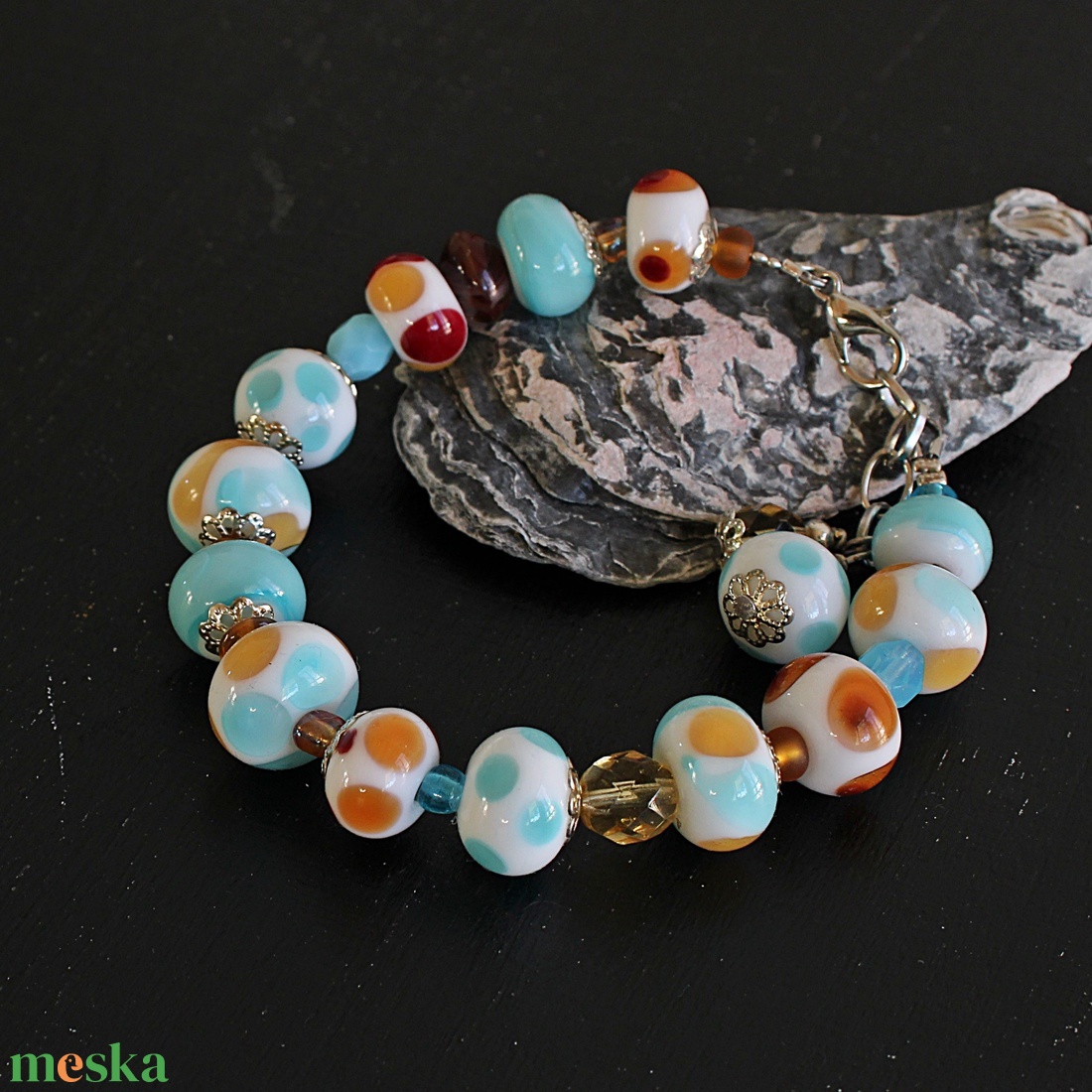 Riviera - tengerparti hangulatú egyedi lámpagyöngy karkötő, MURÁNÓI üveg ékszer, klasszikus stílusú üvegékszer  - ékszer - karkötő - gyöngyös karkötő - Meska.hu