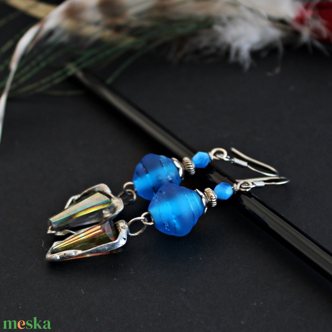 Pompeii - azúrkék rusztikus lámpagyöngy fülbevaló, kék üveggyöngy fülbevaló, MURÁNÓI ÜVEG ékszer - ékszer - fülbevaló - lógó fülbevaló - Meska.hu