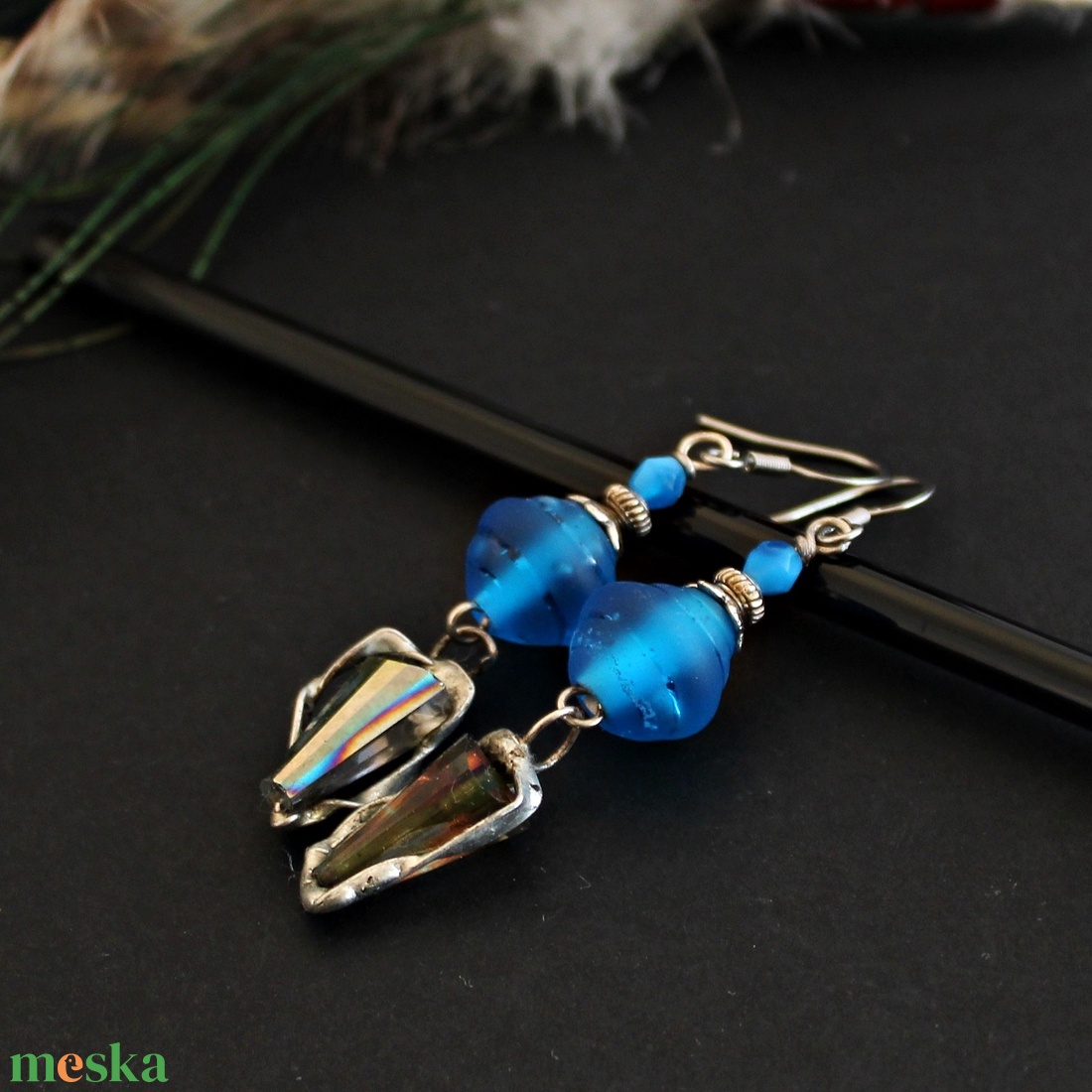 Pompeii - azúrkék rusztikus lámpagyöngy fülbevaló, kék üveggyöngy fülbevaló, MURÁNÓI ÜVEG ékszer - ékszer - fülbevaló - lógó fülbevaló - Meska.hu