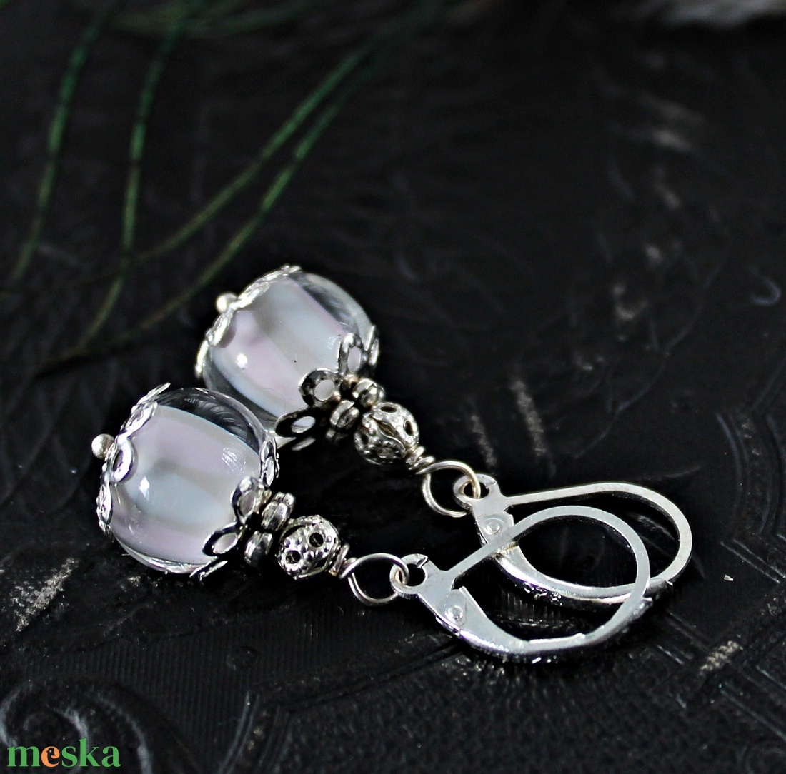 Anais - pasztell szürke-rózsaszín lámpagyöngy fülbevaló, romantikus egyedi MURÁNÓI üvegékszer - ékszer - fülbevaló - lógó fülbevaló - Meska.hu