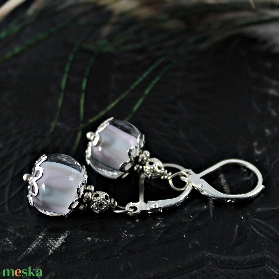 Anais - pasztell szürke-rózsaszín lámpagyöngy fülbevaló, romantikus egyedi MURÁNÓI üvegékszer - ékszer - fülbevaló - lógó fülbevaló - Meska.hu