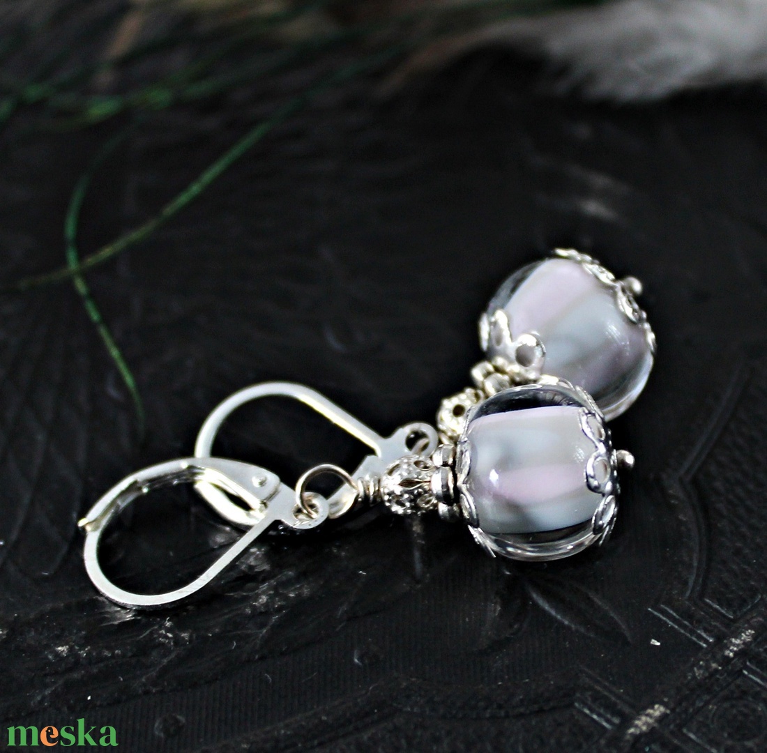 Anais - pasztell szürke-rózsaszín lámpagyöngy fülbevaló, romantikus egyedi MURÁNÓI üvegékszer - ékszer - fülbevaló - lógó fülbevaló - Meska.hu