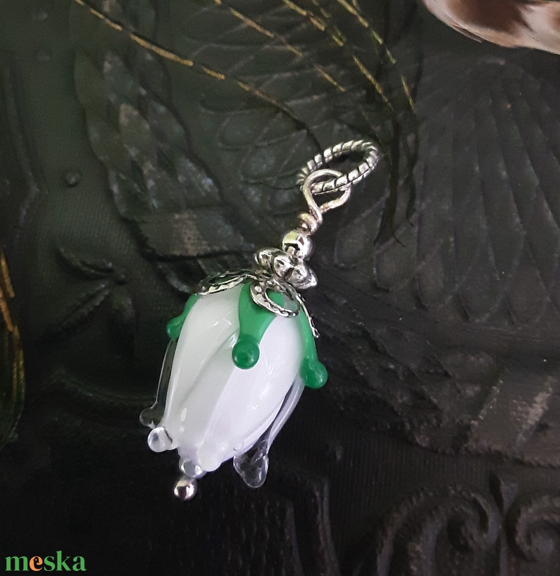 Foglalva - Hóvirág lámpagyöngy medál Muránói üveg ékszer - ékszer - nyaklánc - medál - Meska.hu