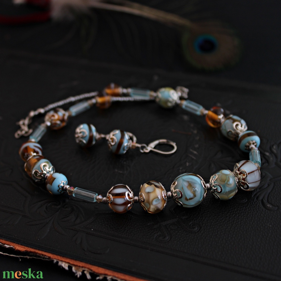 Marie - világoskék lámpagyöngy ékszerszett, klasszikus MURÁNÓI ÜVEG ékszer (nyaklánc +fülbevaló) - ékszer - ékszerszett - Meska.hu