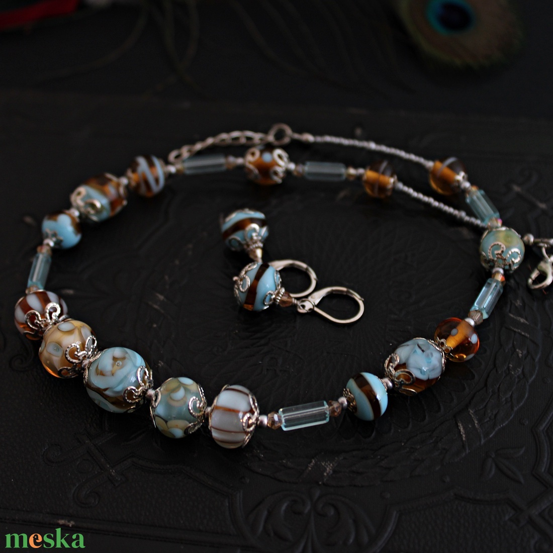 Marie - világoskék lámpagyöngy ékszerszett, klasszikus MURÁNÓI ÜVEG ékszer (nyaklánc +fülbevaló) - ékszer - ékszerszett - Meska.hu